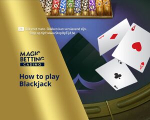 'How to Play Blackjack' title on golden background with cards on the right.