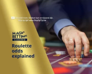 'Roulette Odds Explained' title on gold background with hand of gambler playing on the right.