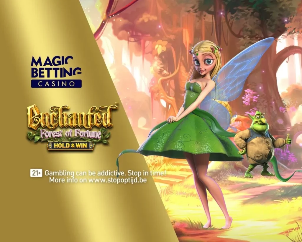 'Enchanted Forest of Fortune' game title on gold background with game artwork on right side.