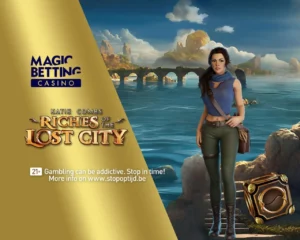 'Katie Combs Riches of the Lost City' game title on gold background with game artwork on right side.