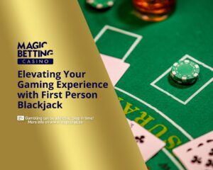 'First Person Blackjack' title on golden background next to Blackjack table.