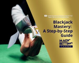 Title 'Blackjack Mastery: A Step-by-Step Guide' on a gold background next to image of blackjack player.