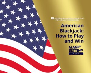 'American Blackjack: How to Play and Win' title on golden background with US flag.