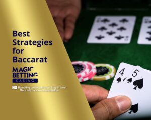 'Best Strategies for Baccarat' title on gold background next to green table with cards.