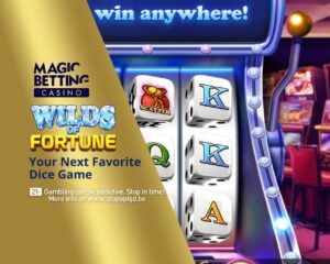 'Wilds of Fortune: Your Next Favorite Dice Game?' on gold background with title screen of the game
