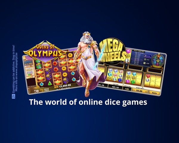 'The world of online dice games' title on dark blue background with screenshots of casino games.